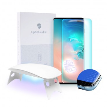Schutzglas für Samsung Galaxy S10 Plus und UV Licht Optishield Lux Schutzglas für Samsung Galaxy S10 Plus und UV Licht Optishield Lux
