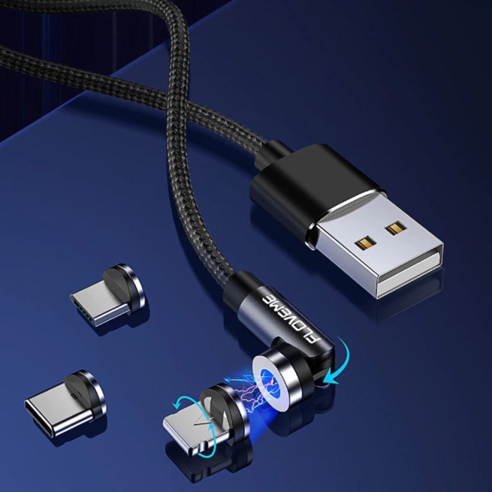 Magnetisches Kabel "MagCharge" mit drei Ladeanschlüssen und Gewebemantel für Schnellladung - 1m