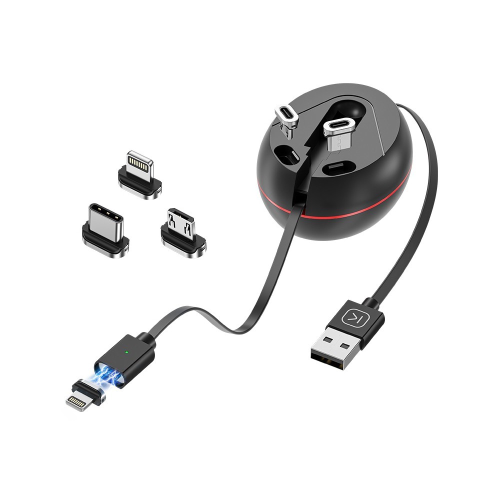 Kabel 3in1 "Stretchy" mit USB-C, Micro USB und Lightning Anschlüssen - praktisch und faltbar - schwarz