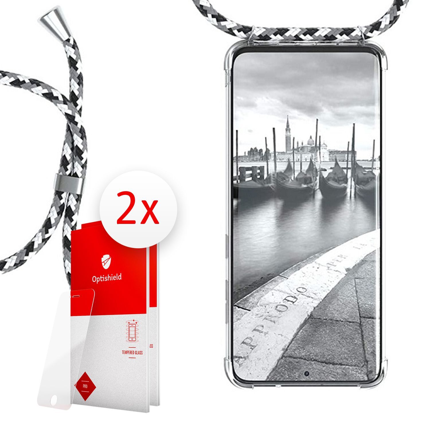 Paket mit Cordy-Hülle und zwei Schutzgläser Optishield Pro® für Samsung Galaxy S21 Plus